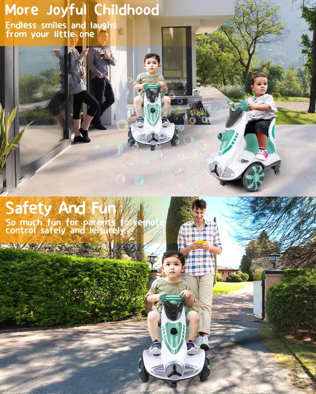 Four-Wheel Kids Car | Bubble Function | 360 Degree Rotation | Cool LED Lights | Seat Belt | Safe & Comfortable | TM010 For 3 To 6 Years Kids, (Green)