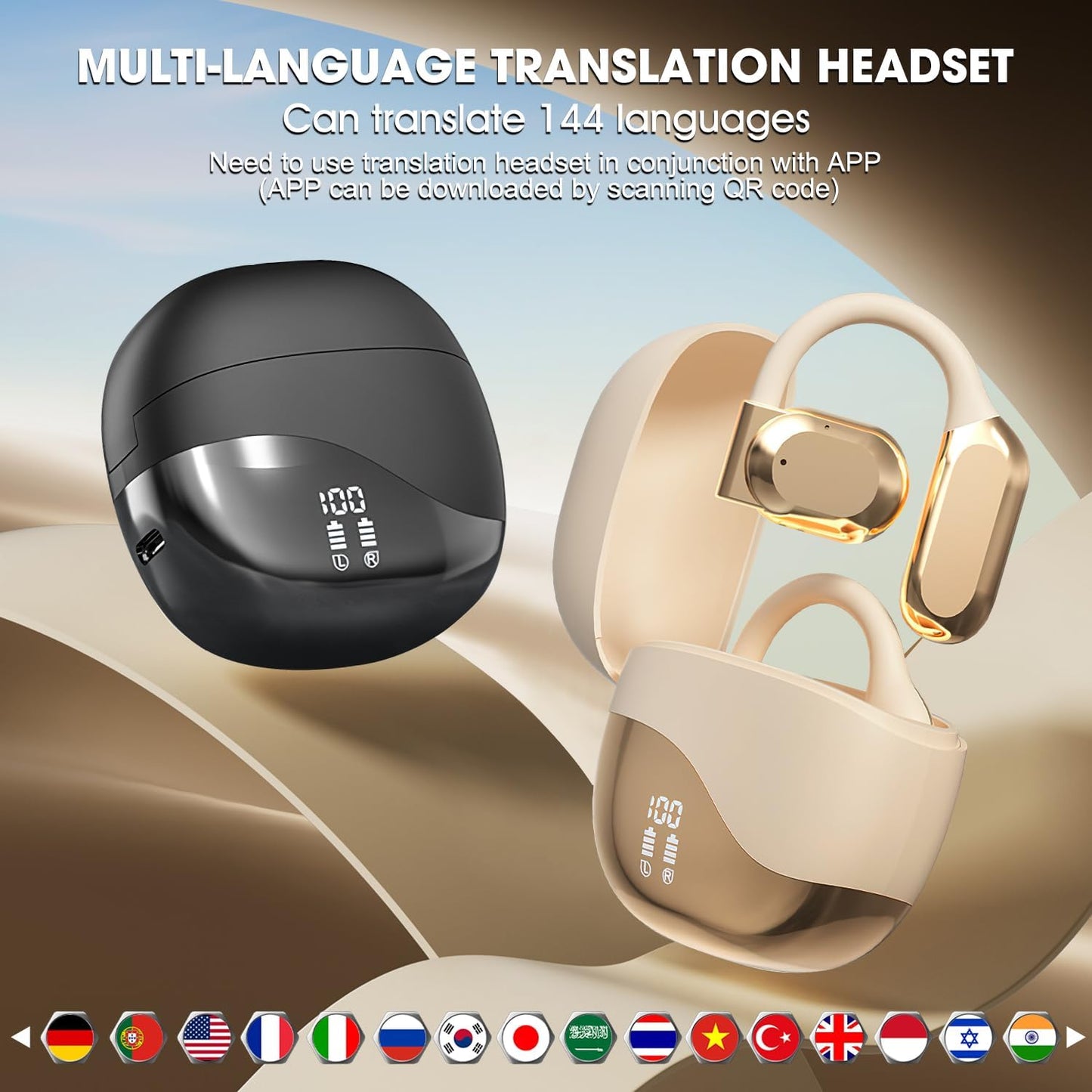 Ai Translating Ear Buds, 2025 New Wireless Bluetooth Translation Earbuds, Upgrade Real Time Language Translator, 144 Languages Play Music Bluetooth Over-Ear for iOS & Android