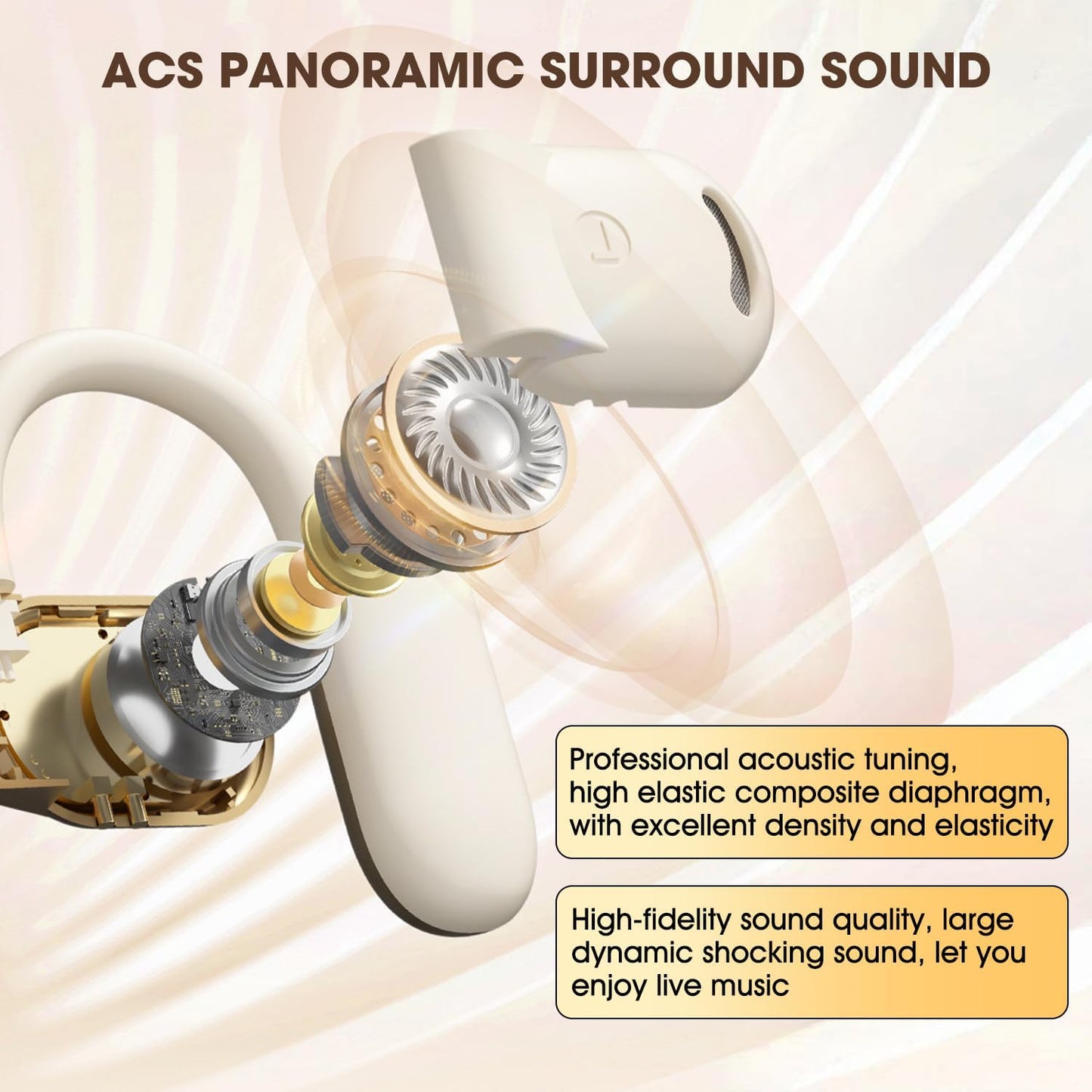 Wireless Bluetooth earbuds.OWS hanging ear Bluetooth headset, wireless bone conduction Bluetooth headset, waterproof noise-cancelling sports headset, beautiful sound quality. (M62 Apricot)