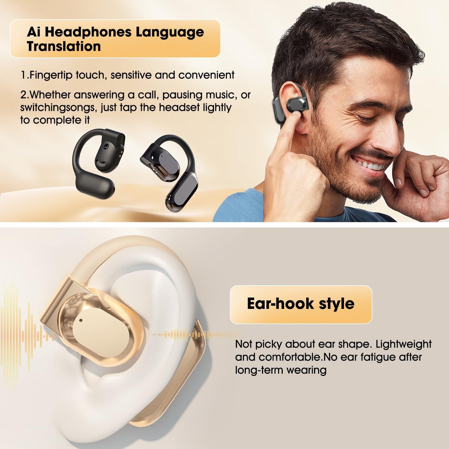 Wireless Bluetooth earbuds.OWS hanging ear Bluetooth headset, wireless bone conduction Bluetooth headset, waterproof noise-cancelling sports headset, beautiful sound quality. (M62 Apricot)