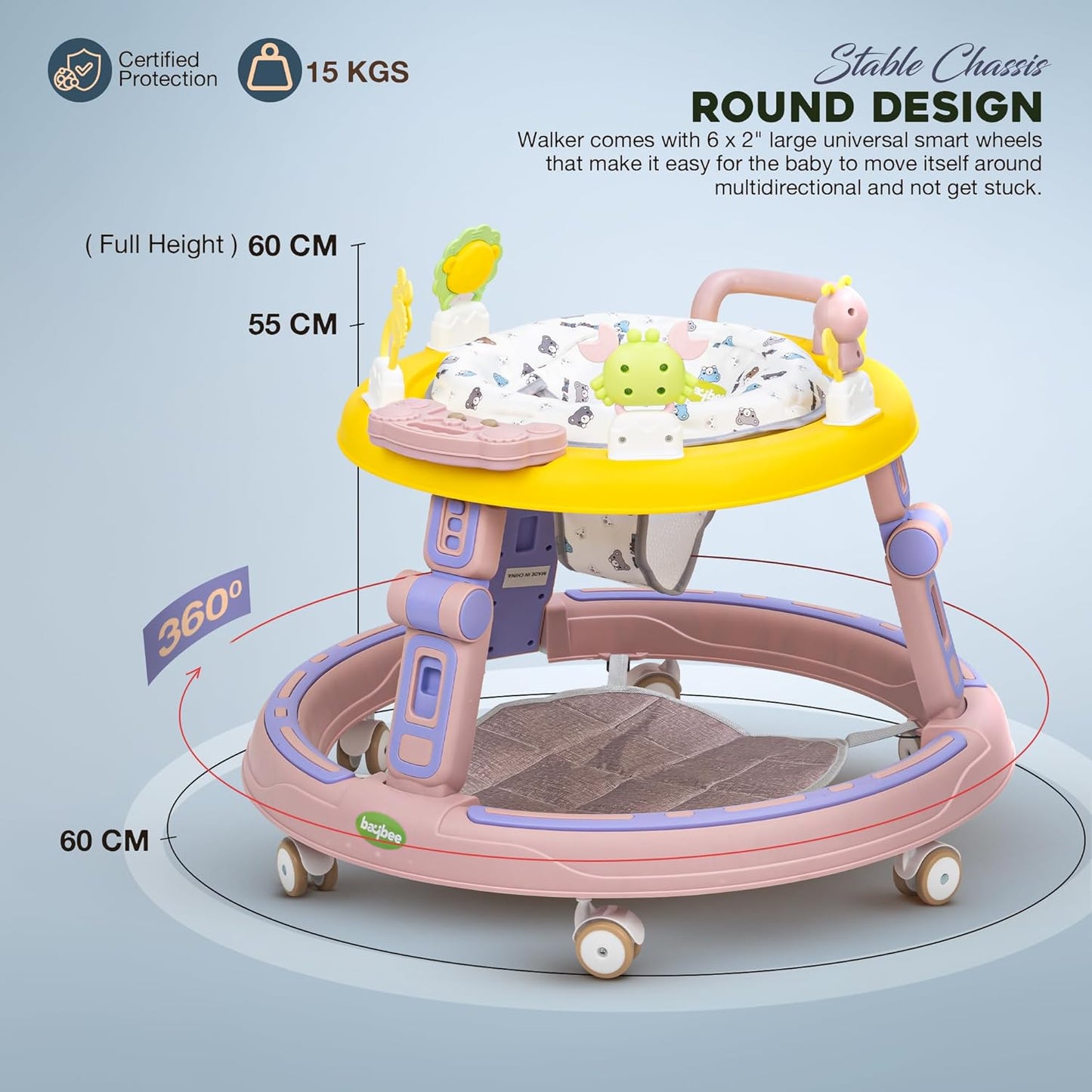 2 in 1 Baby Walker for Kids, Round Kids Walker with Push handle, 360 Rotatable Seat, Musical Bar & Footmat for Baby Boy Girl 6-24 Months 9(pink)