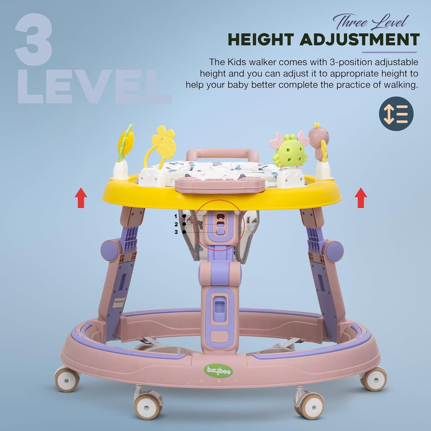 2 in 1 Baby Walker for Kids, Round Kids Walker with Push handle, 360 Rotatable Seat, Musical Bar & Footmat for Baby Boy Girl 6-24 Months 9(pink)