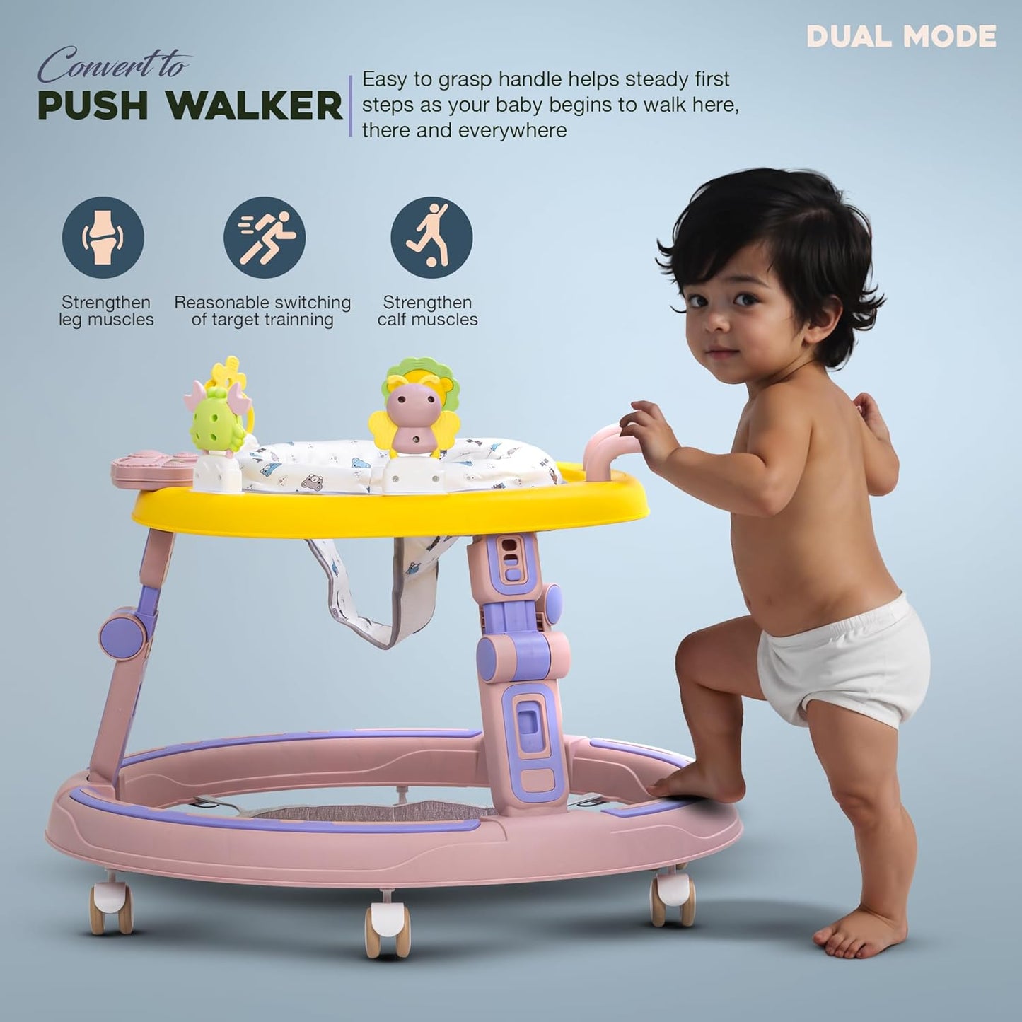 2 in 1 Baby Walker for Kids, Round Kids Walker with Push handle, 360 Rotatable Seat, Musical Bar & Footmat for Baby Boy Girl 6-24 Months 9(pink)