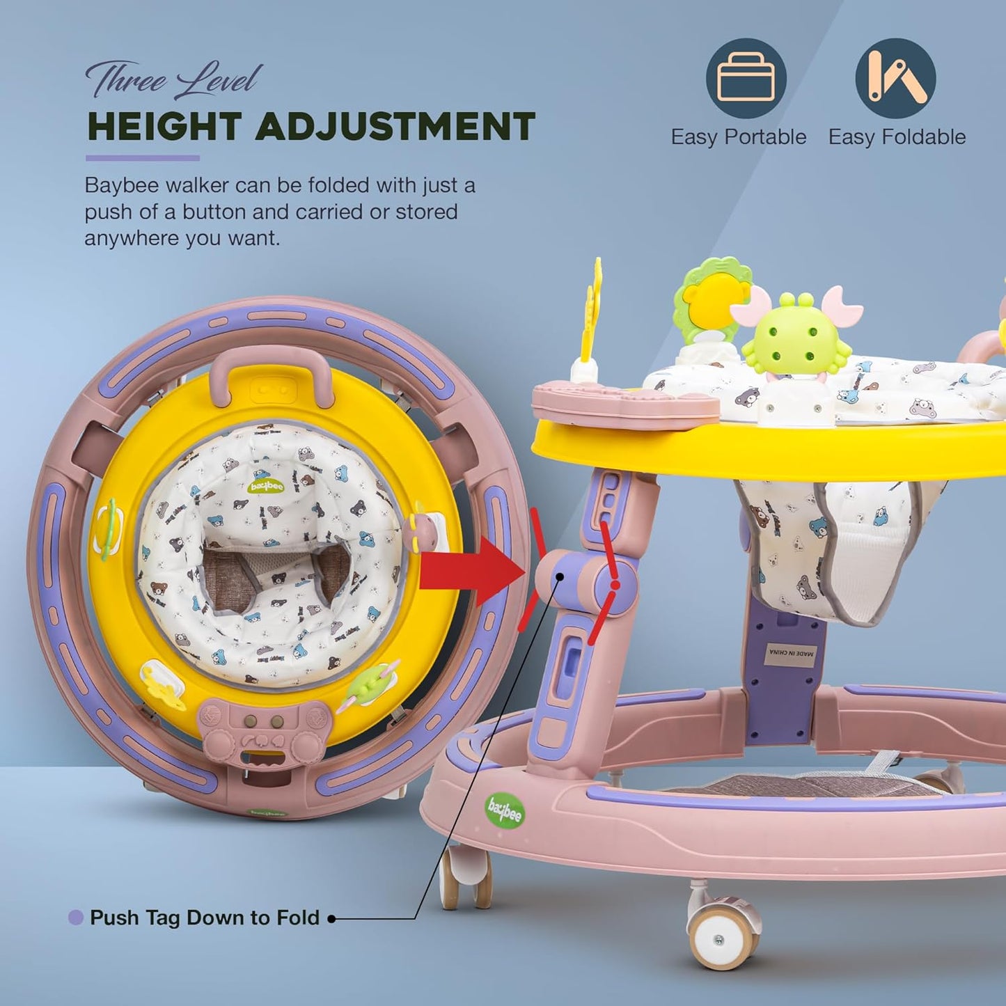2 in 1 Baby Walker for Kids, Round Kids Walker with Push handle, 360 Rotatable Seat, Musical Bar & Footmat for Baby Boy Girl 6-24 Months 9(pink)