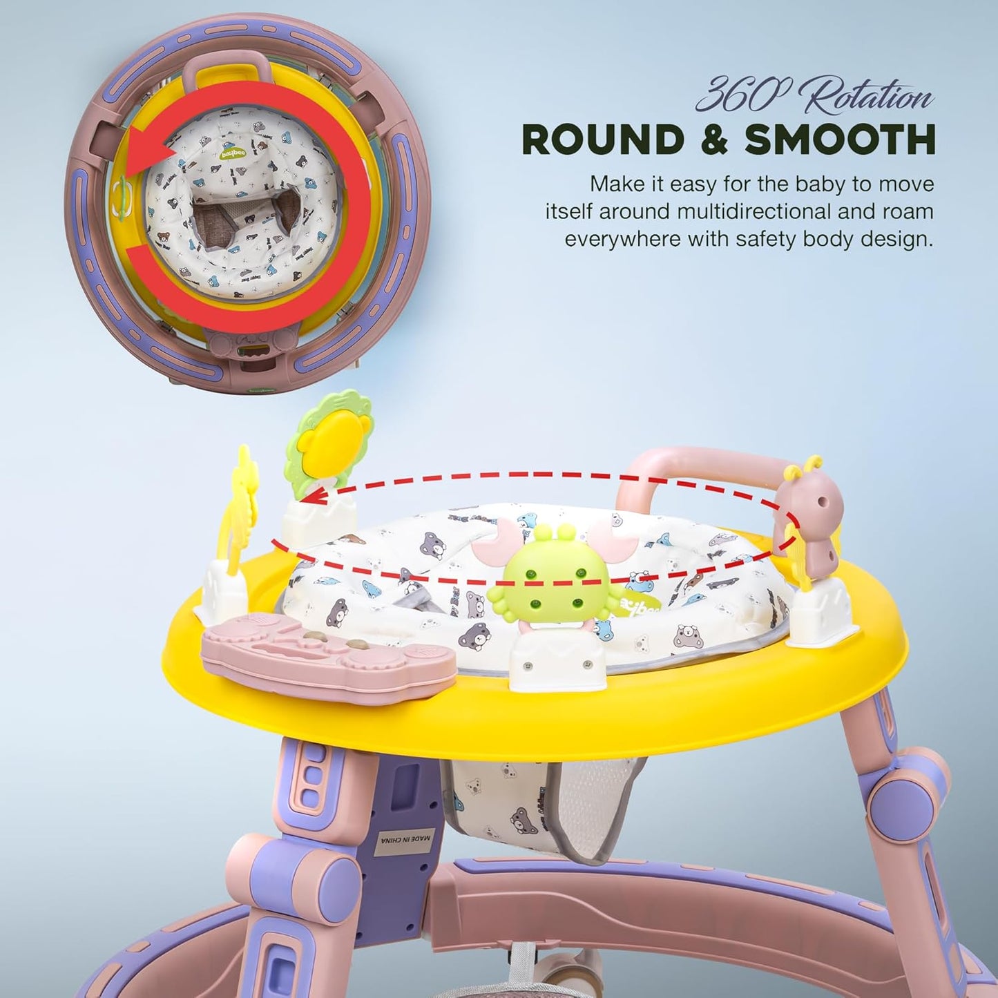 2 in 1 Baby Walker for Kids, Round Kids Walker with Push handle, 360 Rotatable Seat, Musical Bar & Footmat for Baby Boy Girl 6-24 Months 9(pink)