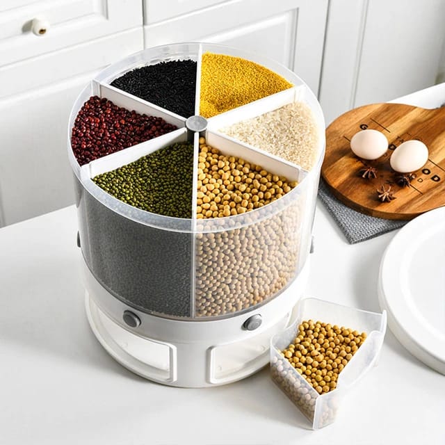 Rotating Grain Dispenser, 6 Compartments, Holder Kitchen Shared Dry Food Bowl, 360 Degree Rotating Storage Grain Cans, Soybeans, Dispenser Holder, Plastic, for Rice, Beans, White