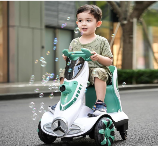 Four-Wheel Kids Car | Bubble Function | 360 Degree Rotation | Cool LED Lights | Seat Belt | Safe & Comfortable | TM010 For 3 To 6 Years Kids, (Green)