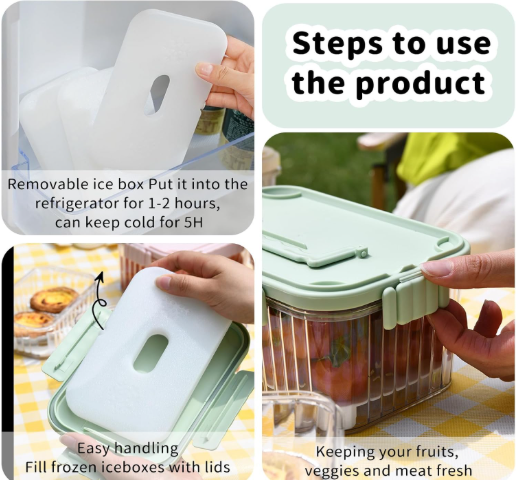 Food Storage Box, Chilled Fruit Box, Portable Fruit Box, Airtight Crisper with Leak-Proof Locking Lid for Fruits, Vegetables when you are out and about (Free 1 Fruit Fork + 1 Ice