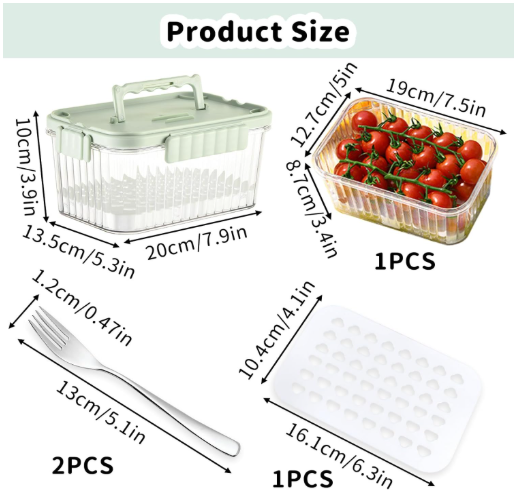 Food Storage Box, Chilled Fruit Box, Portable Fruit Box, Airtight Crisper with Leak-Proof Locking Lid for Fruits, Vegetables when you are out and about (Free 1 Fruit Fork + 1 Ice
