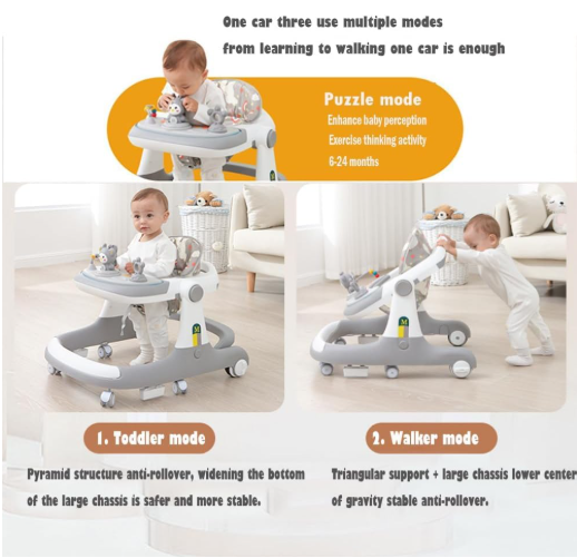 Baby Walker,3 in 1 Multifunctional Learning Walker,Seat or Push Behind,Infant Activity Center w/Music & Steering Wheel,