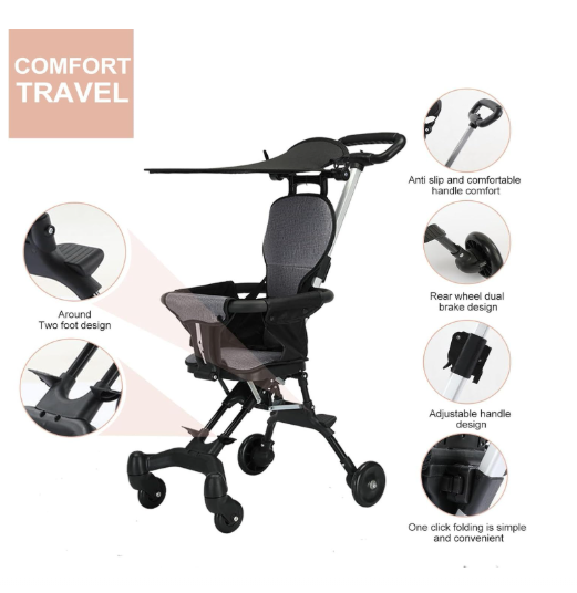 Kids Stroller, Compact Baby Stroller, Lightweight Travel Stroller with Adjustable Handles and Backrest, Foldable Child Stroller for 1-3 Years