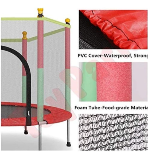 Adjustable Height Foldable Fitness Trampoline for Kids and Adults | Indoor/Outdoor Rebounder with Safety Enclosure Net, Basketball Hoop, and Foam Handrail