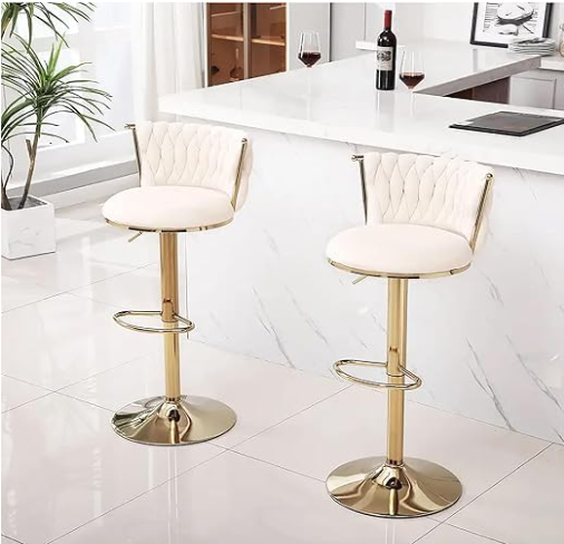Golden Bar Chair Adjustable 360" Rotating Gold Metal High Stool With Backrest For Cafes And Bars (Beige)