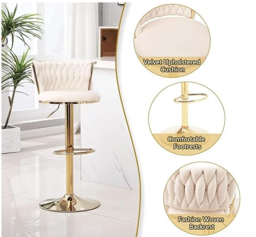 Golden Bar Chair Adjustable 360" Rotating Gold Metal High Stool With Backrest For Cafes And Bars (Beige)