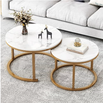 Coffee Side Tables White and Gold, For Living Room