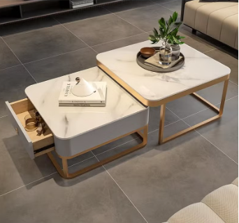 Square coffee table set of 2 Retractable marble tea table living room Metal side table