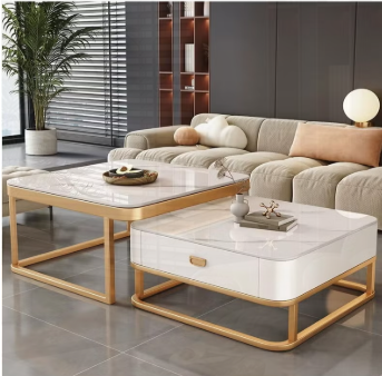 Square coffee table set of 2 Retractable marble tea table living room Metal side table