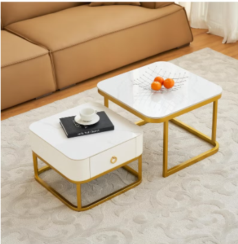 Square coffee table set of 2 Retractable marble tea table living room Metal side table