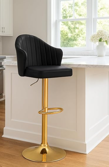 Black Leather Bar Stool Chair – High Chair with Golden Metal Base, PU Leather Upholstered Bar Chair, Swivel Adjustable Stool Chair for Kitchen, Counter, Home, Re