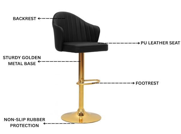 Black Leather Bar Stool Chair – High Chair with Golden Metal Base, PU Leather Upholstered Bar Chair, Swivel Adjustable Stool Chair for Kitchen, Counter, Home, Re