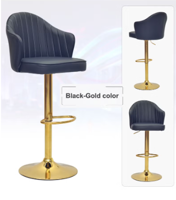 Black Leather Bar Stool Chair – High Chair with Golden Metal Base, PU Leather Upholstered Bar Chair, Swivel Adjustable Stool Chair for Kitchen, Counter, Home, Re