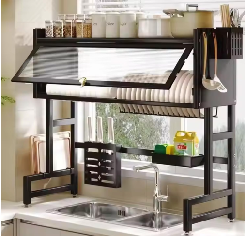 Over The Sink Dish Drying Rack, 3 Tier kitchen Drainer Drying Rack with Cover, Space Saving Large Stainless Steel Sink Dish Rack for Dishes, Bowls, Cutlery