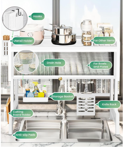 Dish Rack Over Sink Dish Drainer Drying Rack for Kitchen Counter Multifunction Organizer Storage Shelf