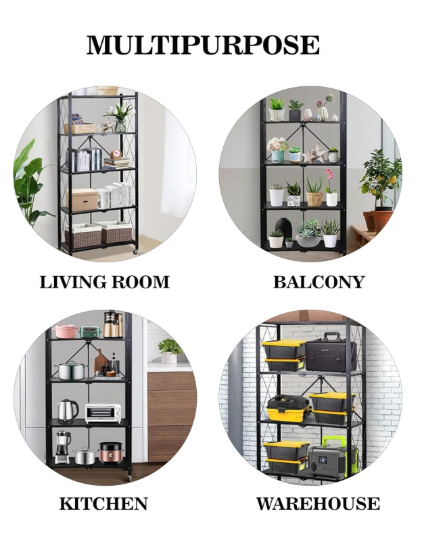 Foldable Metal Storage Shelves for kitchen and Foldable Storage Shelves (5 tier black)