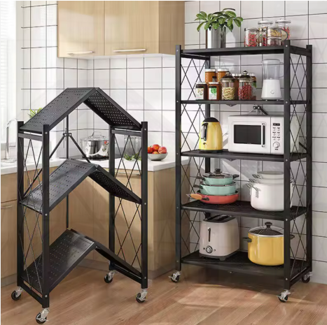 Foldable Metal Storage Shelves for kitchen and Foldable Storage Shelves (5 tier black)