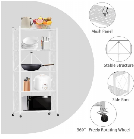 Home Use Metal Folding Storage Rack No-Installation One-Pull Mobile Floor Shelf Multi-Layer Utensil Kitchen Storage Artifact white