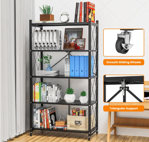 Foldable Metal Storage Shelves for kitchen and Foldable Storage Shelves (5 tier black)