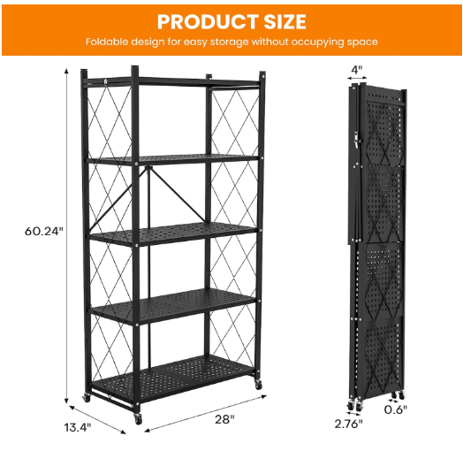 Foldable Metal Storage Shelves for kitchen and Foldable Storage Shelves (5 tier black)