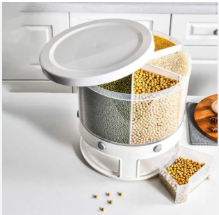 Rotating Grain Dispenser, 6 Compartments, Holder Kitchen Shared Dry Food Bowl, 360 Degree Rotating Storage Grain Cans, Soybeans, Dispenser Holder, Plastic, for Rice, Beans, White