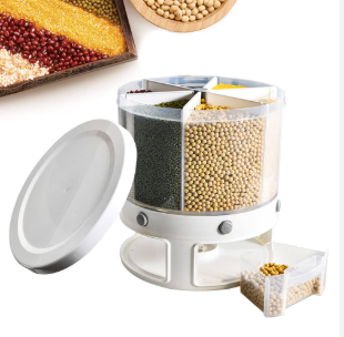 Rotating Grain Dispenser, 6 Compartments, Holder Kitchen Shared Dry Food Bowl, 360 Degree Rotating Storage Grain Cans, Soybeans, Dispenser Holder, Plastic, for Rice, Beans, White