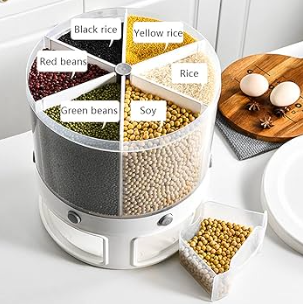 Rotating Grain Dispenser, 6 Compartments, Holder Kitchen Shared Dry Food Bowl, 360 Degree Rotating Storage Grain Cans, Soybeans, Dispenser Holder, Plastic, for Rice, Beans, White