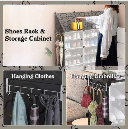 Plastic Shoe Rack with Doors for 24-Pair Shoes, Black, 6-Tier