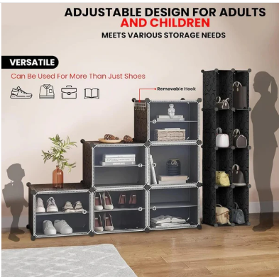 Plastic Shoe Rack with Doors for 24-Pair Shoes, Black, 6-Tier