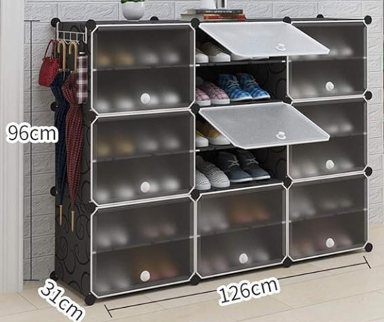Plastic Shoe Rack with Doors for 24-Pair Shoes, Black, 6-Tier