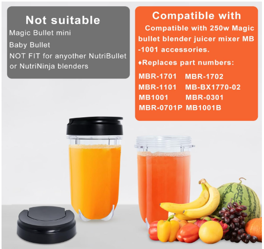 3 Packs MB1001 16OZ Replacement Cups with Lids Compatible with Magic Bullet 250W Blenders Juicer with Brush