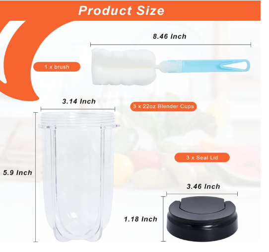 3 Packs MB1001 16OZ Replacement Cups with Lids Compatible with Magic Bullet 250W Blenders Juicer with Brush