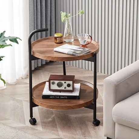 2 Tier Mobile Mini Bar, Kitchen Serving Cart Moving Sofa Side Table with Wheels Round Coffee Table Double Layer Storage Tray (Color : White,
