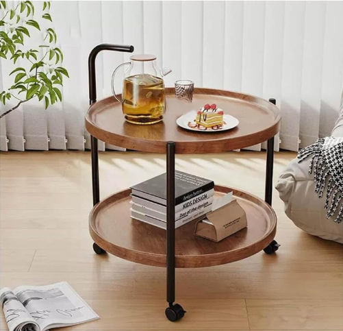 2 Tier Mobile Mini Bar, Kitchen Serving Cart Moving Sofa Side Table with Wheels Round Coffee Table Double Layer Storage Tray (Color : White,