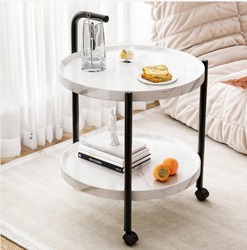 2 Tier Mobile Mini Bar, Kitchen Serving Cart Moving Sofa Side Table with Wheels Round Coffee Table Double Layer Storage Tray (Color : White,