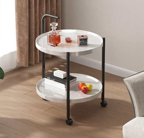 2 Tier Mobile Mini Bar, Kitchen Serving Cart Moving Sofa Side Table with Wheels Round Coffee Table Double Layer Storage Tray (Color : White,