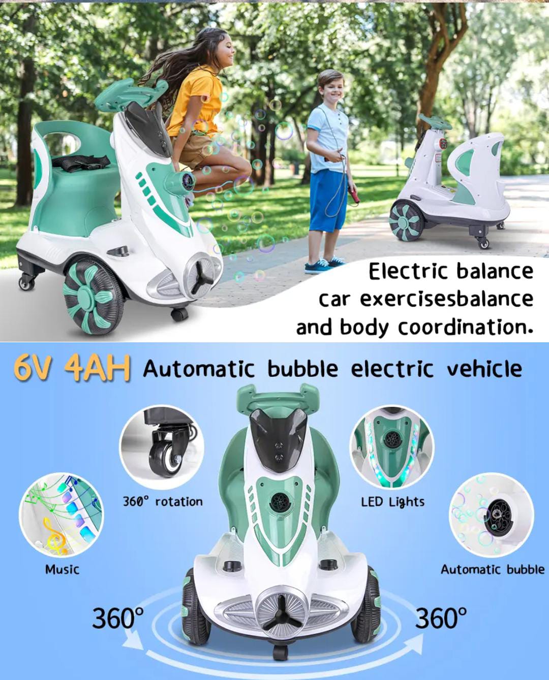 Four-Wheel Kids Car | Bubble Function | 360 Degree Rotation | Cool LED Lights | Seat Belt | Safe & Comfortable | TM010 For 3 To 6 Years Kids, (Green)