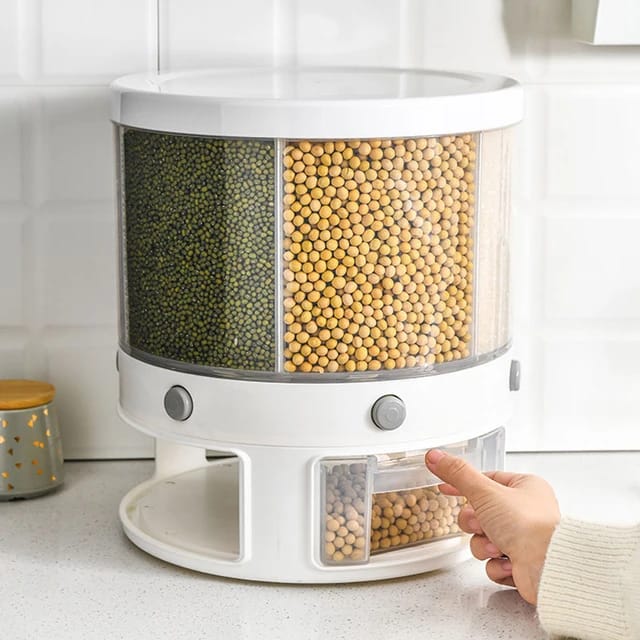 Rotating Grain Dispenser, 6 Compartments, Holder Kitchen Shared Dry Food Bowl, 360 Degree Rotating Storage Grain Cans, Soybeans, Dispenser Holder, Plastic, for Rice, Beans, White