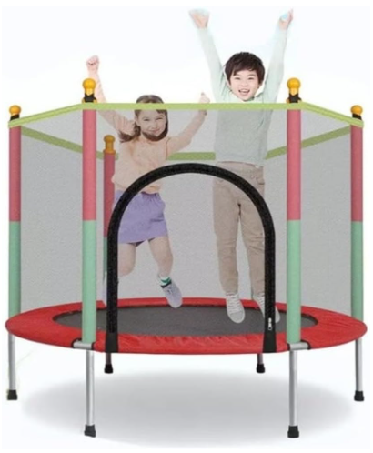 Adjustable Height Foldable Fitness Trampoline for Kids and Adults | Indoor/Outdoor Rebounder with Safety Enclosure Net, Basketball Hoop, and Foam Handrail