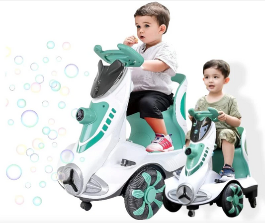 Four-Wheel Kids Car | Bubble Function | 360 Degree Rotation | Cool LED Lights | Seat Belt | Safe & Comfortable | TM010 For 3 To 6 Years Kids, (Green)