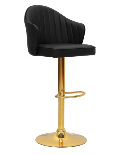 Black Leather Bar Stool Chair – High Chair with Golden Metal Base, PU Leather Upholstered Bar Chair, Swivel Adjustable Stool Chair for Kitchen, Counter, Home, Re
