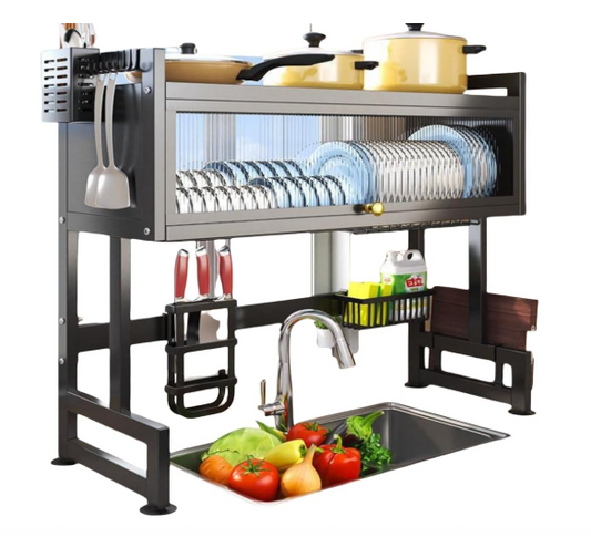 Over The Sink Dish Drying Rack, 3 Tier kitchen Drainer Drying Rack with Cover, Space Saving Large Stainless Steel Sink Dish Rack for Dishes, Bowls, Cutlery